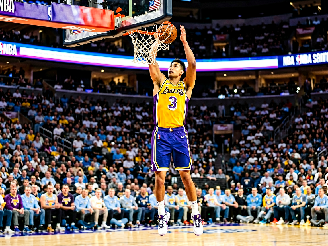 NBA篮球比赛现场，球员空中扣篮精彩瞬间